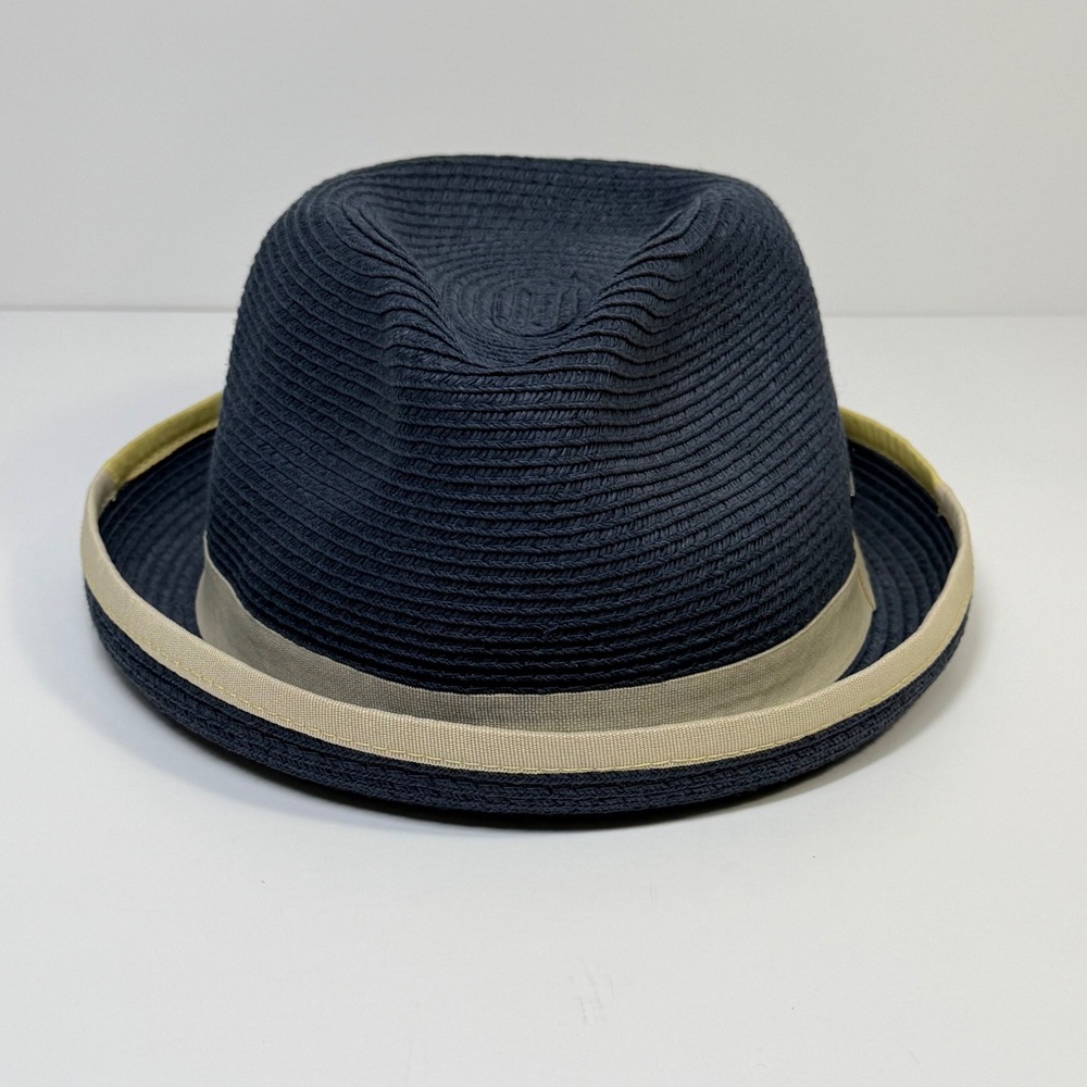 John Callanan Permanent Vacation Navy Blue Straw Fedora Hat Tan Yellow Band OS